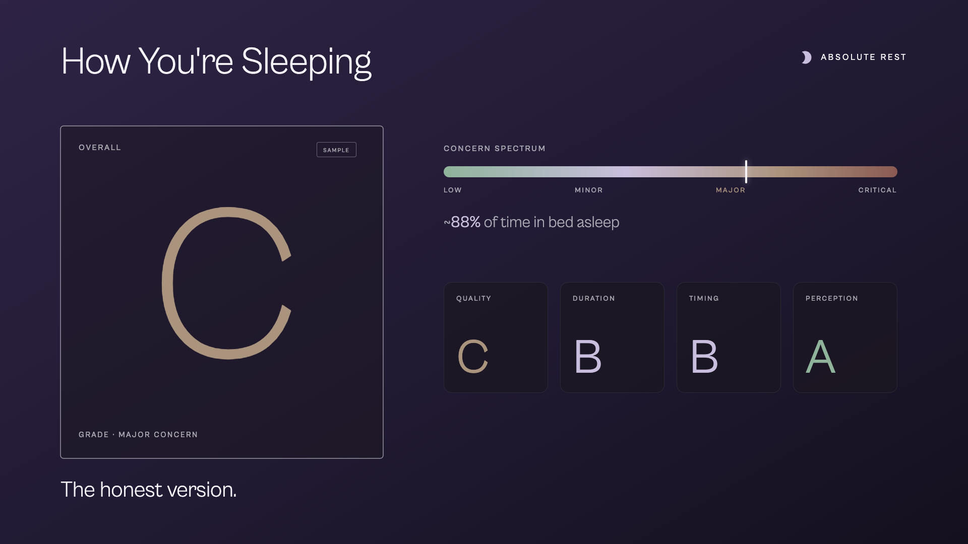 How You're Sleeping — large grade C specimen, concern spectrum, four dimension grades