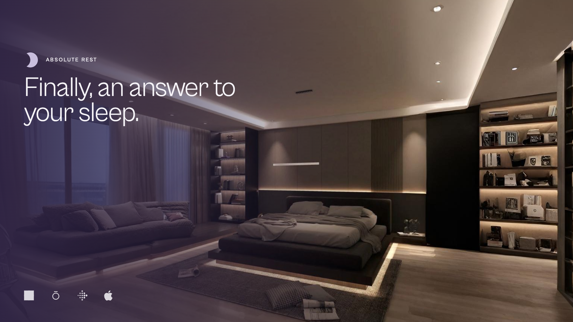 Marketing home reveal — Absolute Rest homepage hero with headline and partner logos
