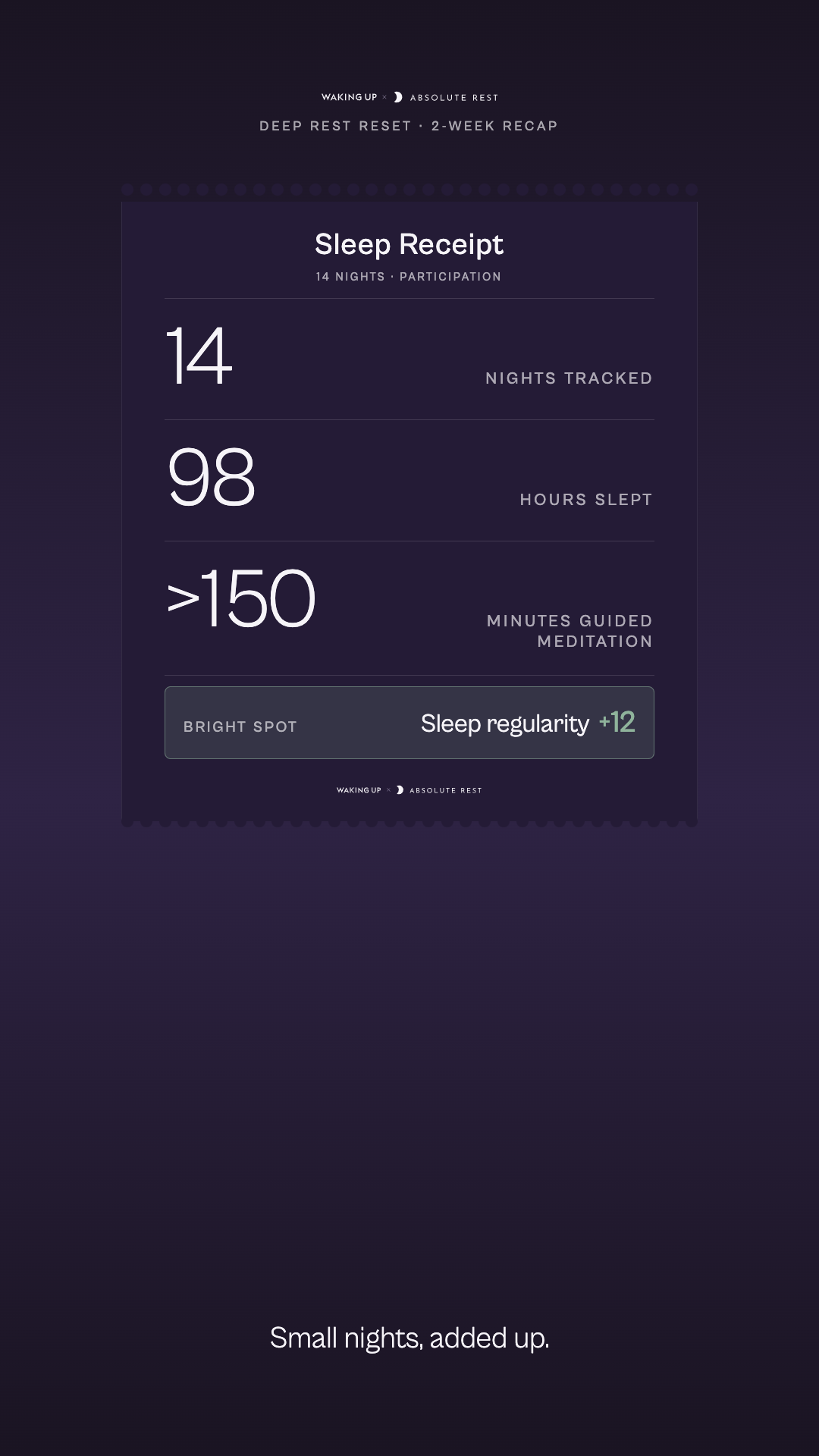Share receipt — Sleep Receipt card with nights, hours, guided minutes, and a bright-spot stat (9:16)